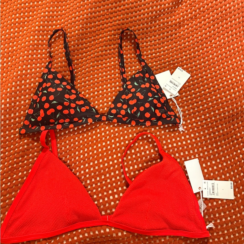 Good American Cherry Print and Red Bikini Tops